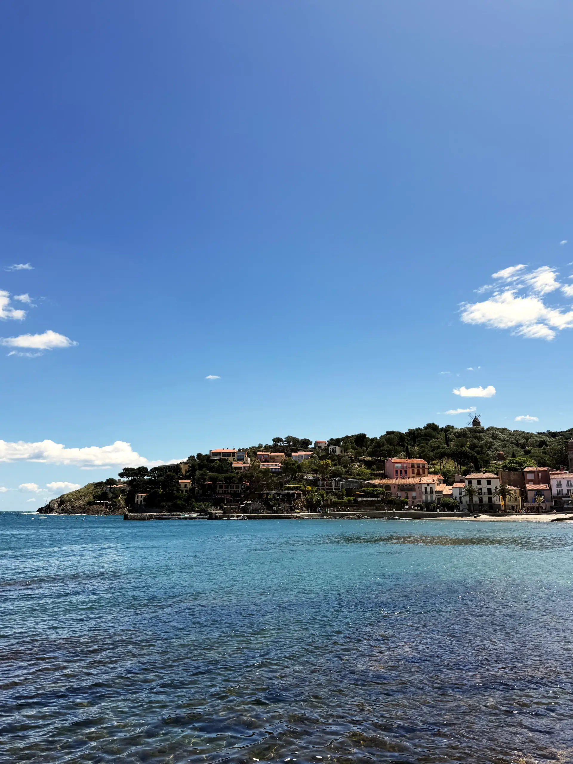 Vue depuis la mer sur Collioure et son moulin, à 5 minutes de la maison de location à Port-Vendres