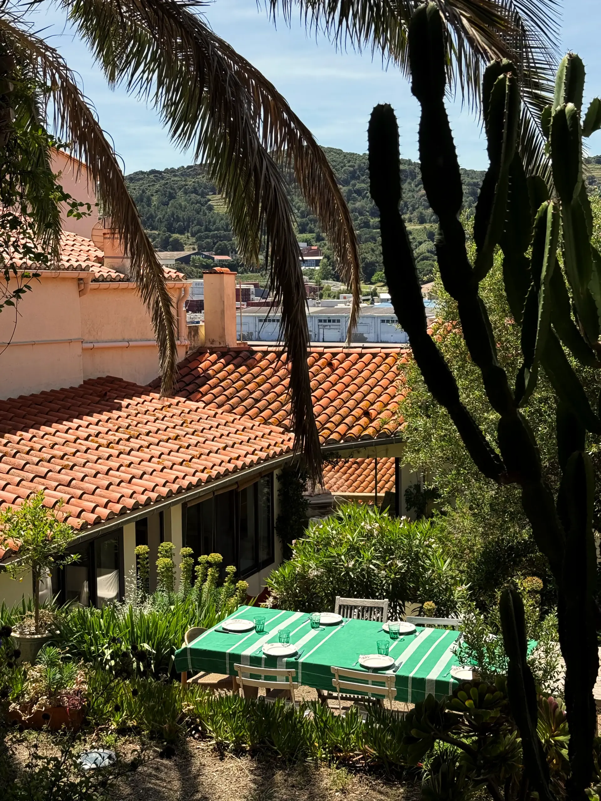 Table dressée dans le jardin méditerranéen avec palmiers et cactus, repas en extérieur dans la maison de location à Port-Vendres